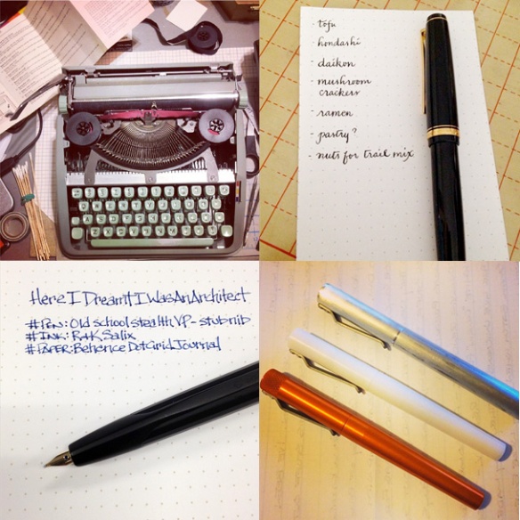 Clockwise, from top left: Hermes Typewriter cleaning by DovBee, Grocery list and calligraphy practice by Bakanekosan, Render K collection by imyke and Old School Vanishing Point by Pen Addict